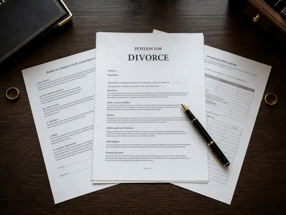 Celebrity breakups 2026 divorce papers and legal documents on desk representing Hollywood splits