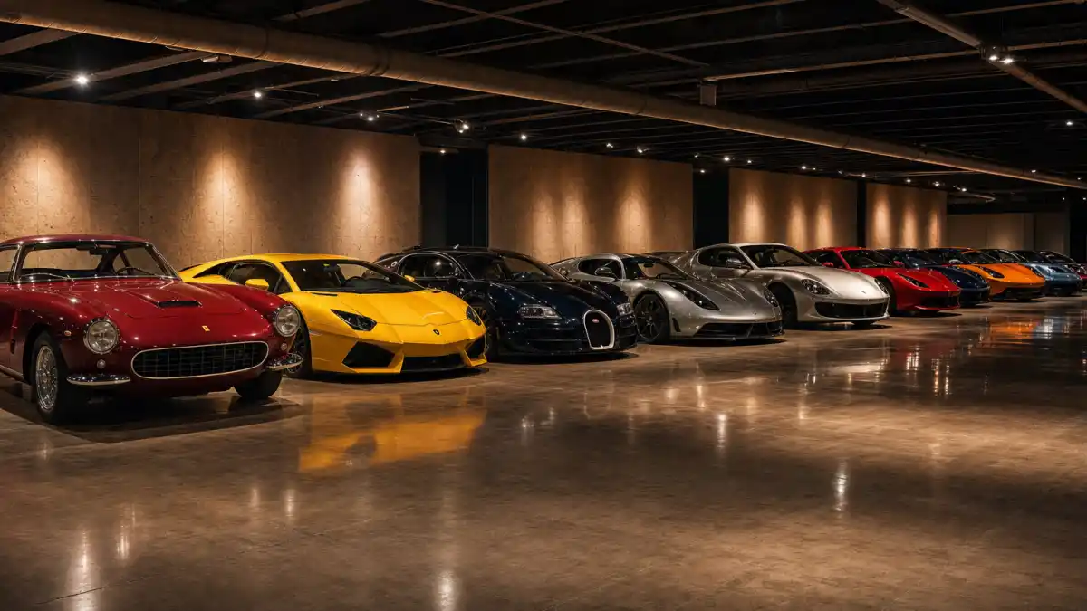 Multi-supercar private collection in underground garage representing celebrity car collections worth most in 2026