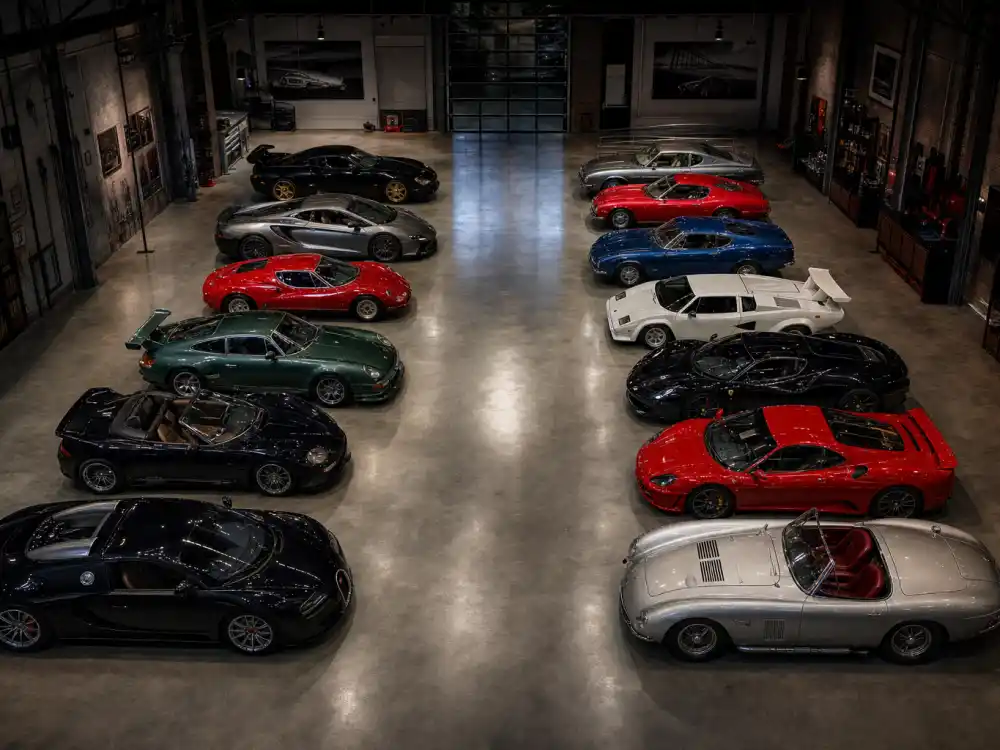 Aerial overhead view of celebrity car collections worth most with twenty supercars