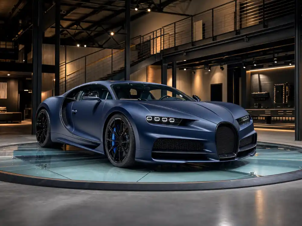Bugatti Chiron on display turntable in celebrity car collections worth most garage