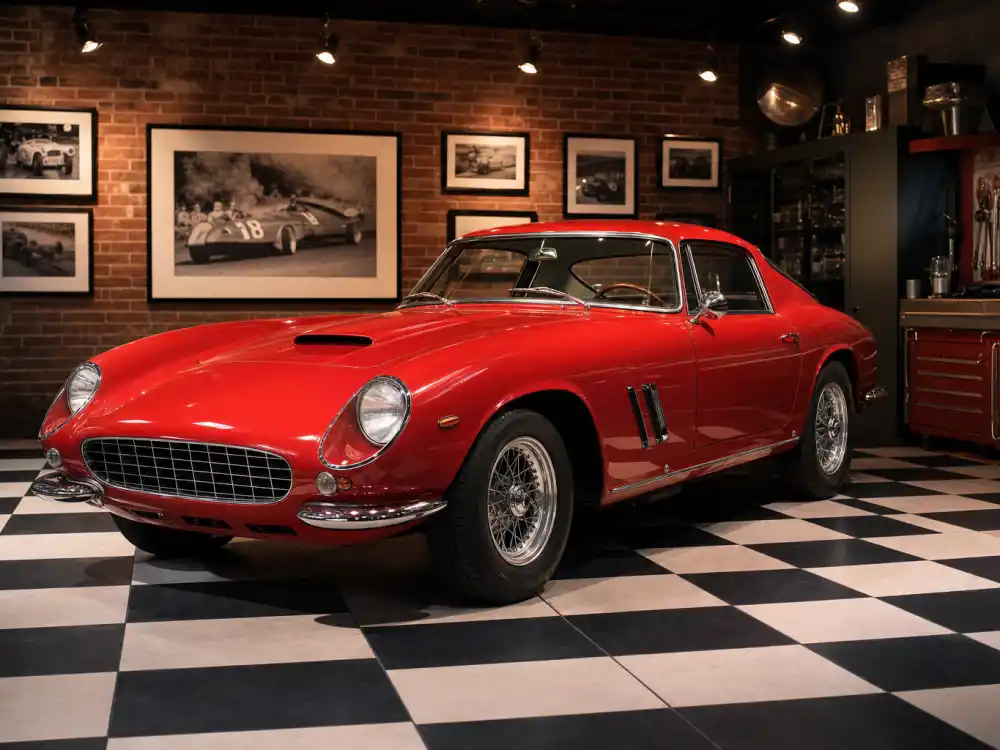 Vintage red Ferrari in checkered-floor garage from celebrity car collections worth most