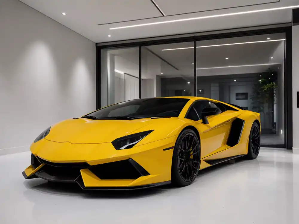 Yellow Lamborghini in modern minimalist garage from celebrity car collections worth most