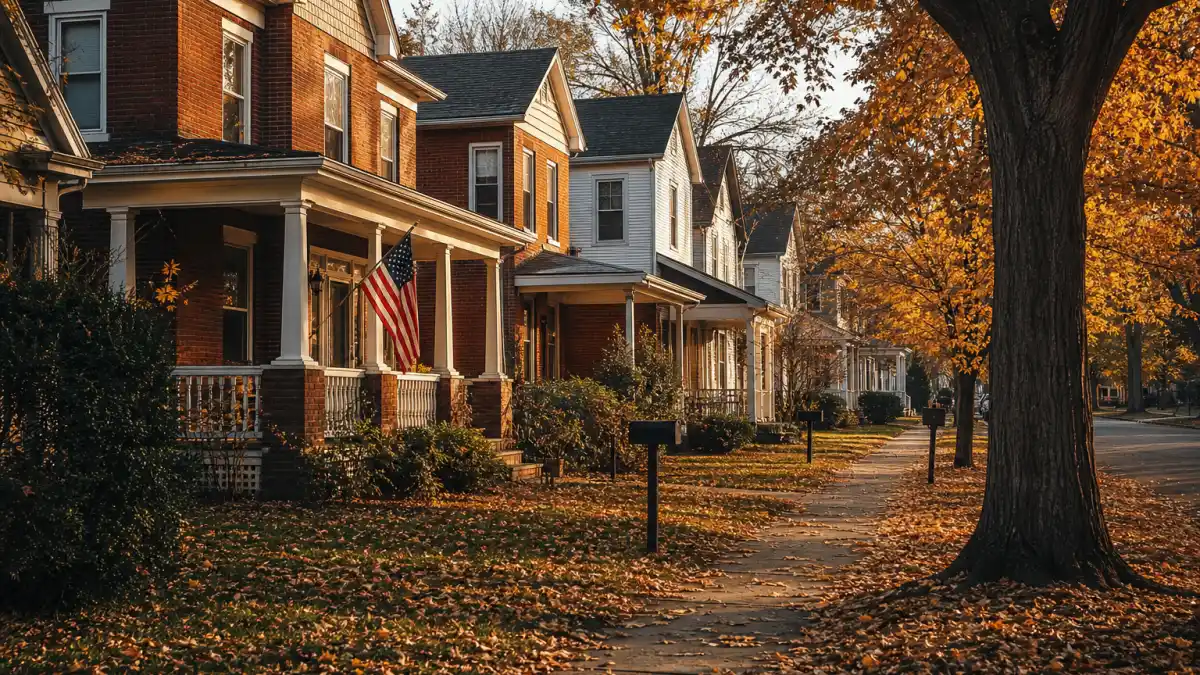 Celebrity childhood homes — modest red brick bungalow on a working-class tree-lined street in autumn