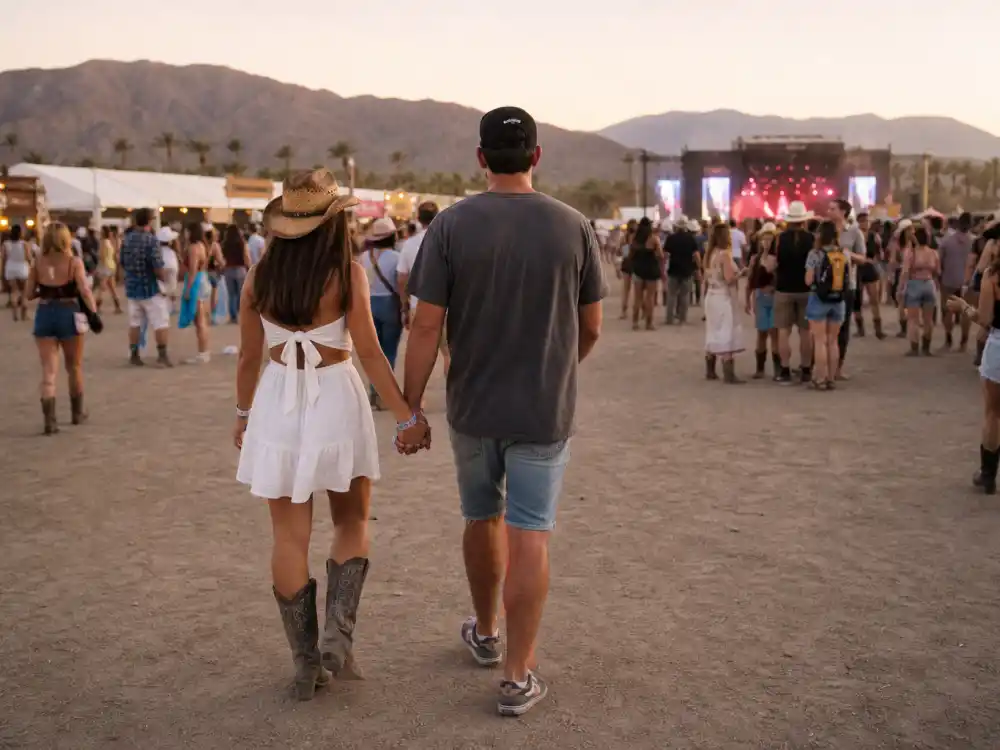 Celebrity couple walking hand in hand at Stagecoach music festival