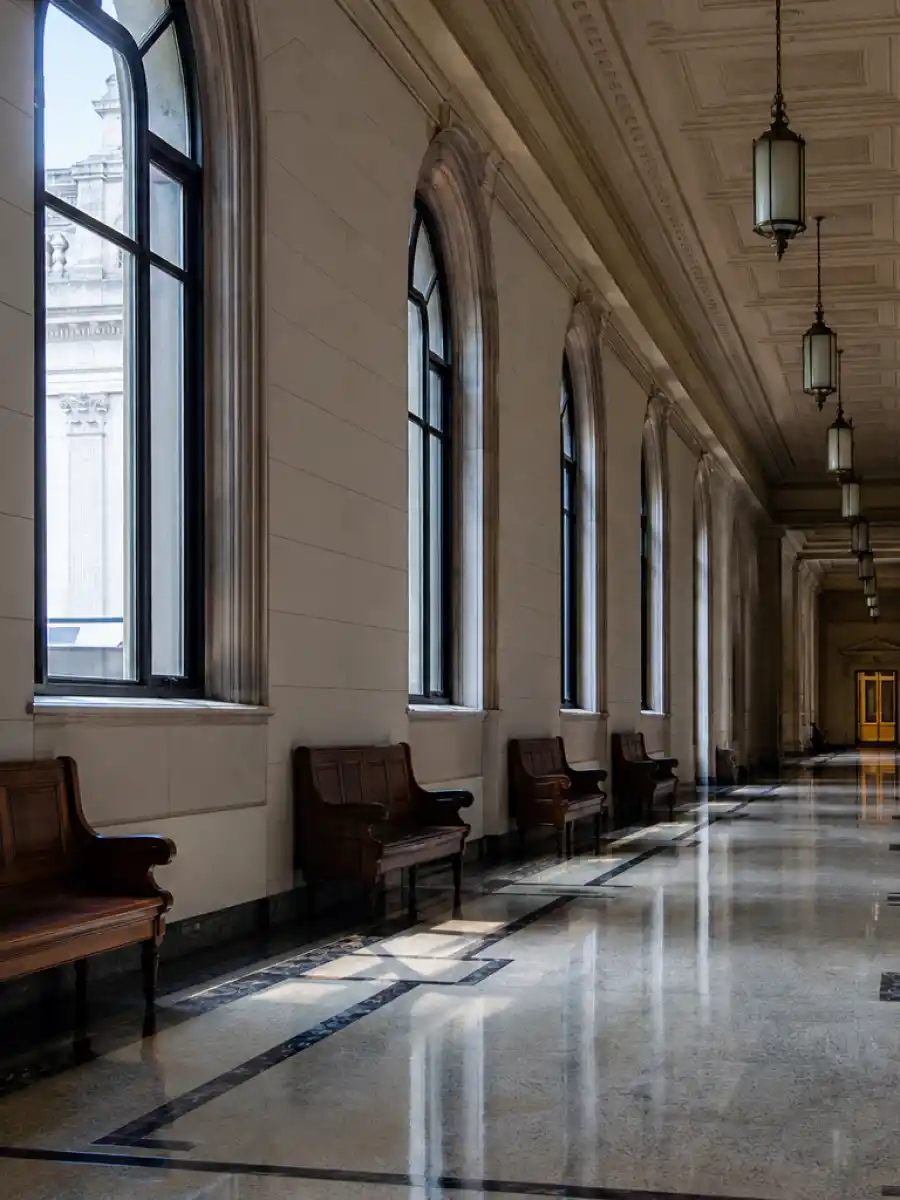 Courthouse hallway symbolizing celebrity divorces 2026 legal proceedings in Hollywood