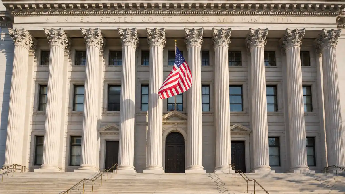 American courthouse with columns and flag representing celebrity divorces 2026 legal proceedings