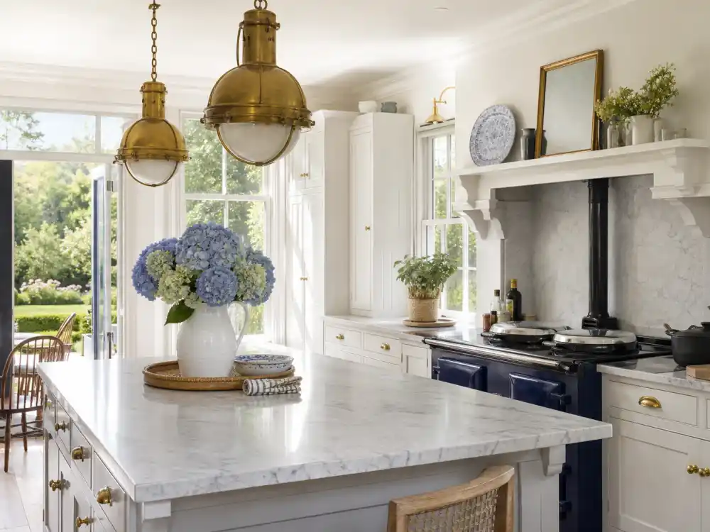 White farmhouse kitchen with marble island and brass pendant lights at celebrity Hamptons houses