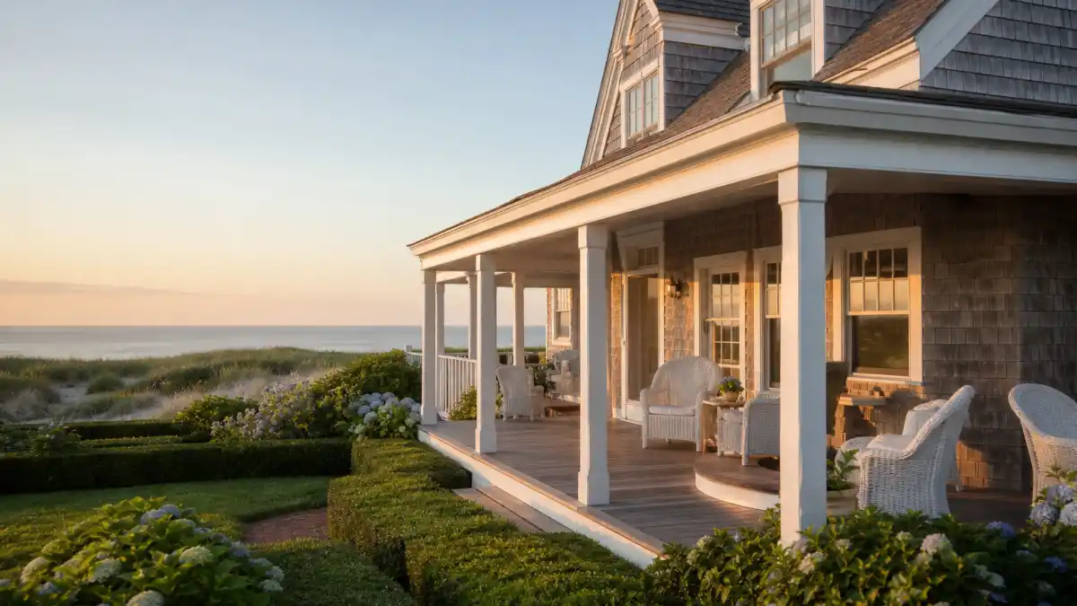 Classic shingle-style celebrity Hamptons houses with covered porch and ocean dunes at golden hour