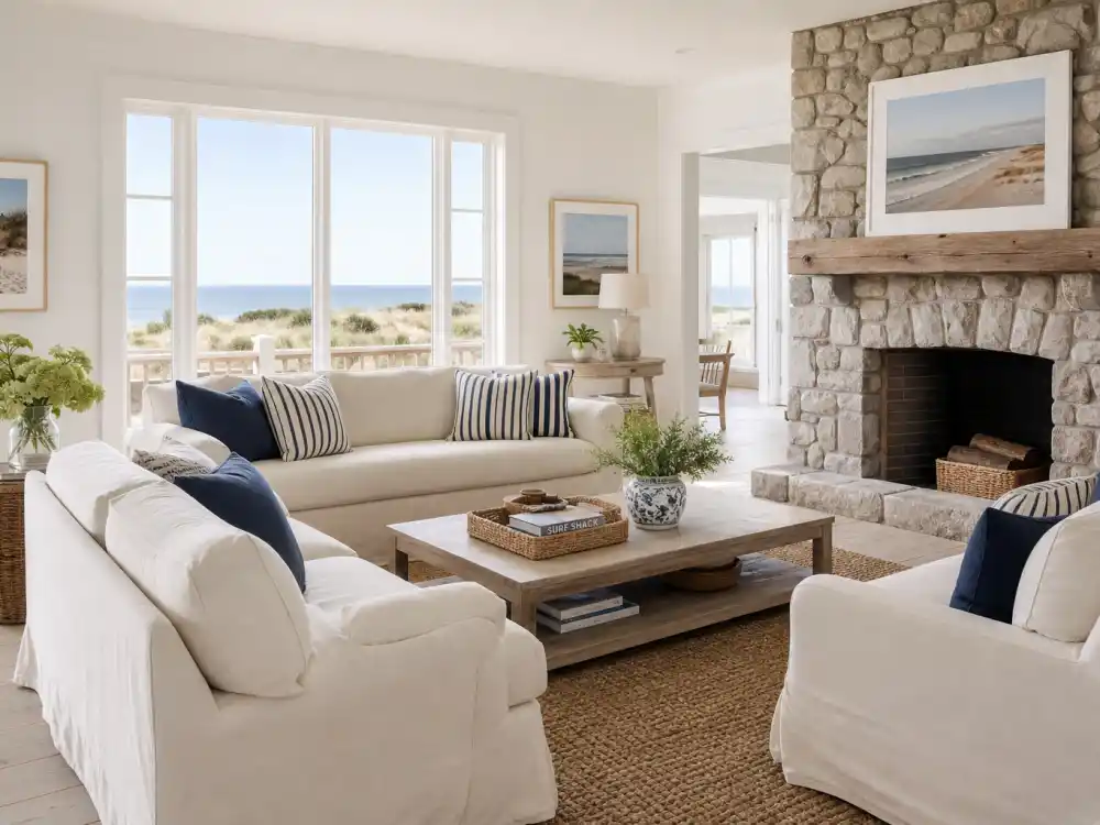 Cream-and-navy living room interior of celebrity Hamptons houses