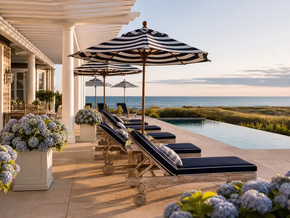 Oceanfront pool pergola at celebrity Hamptons houses with navy striped umbrellas