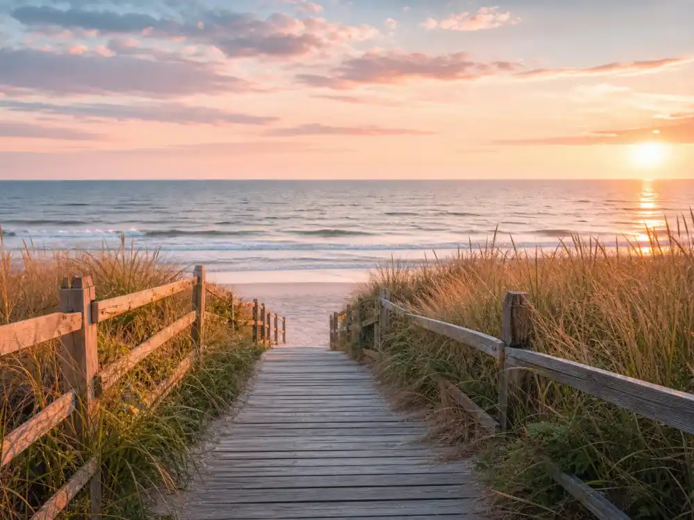 Private beach boardwalk access at celebrity Hamptons houses at sunset