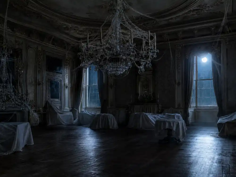 Beverly Hills ballroom with sheet-covered furniture from celebrity haunted houses