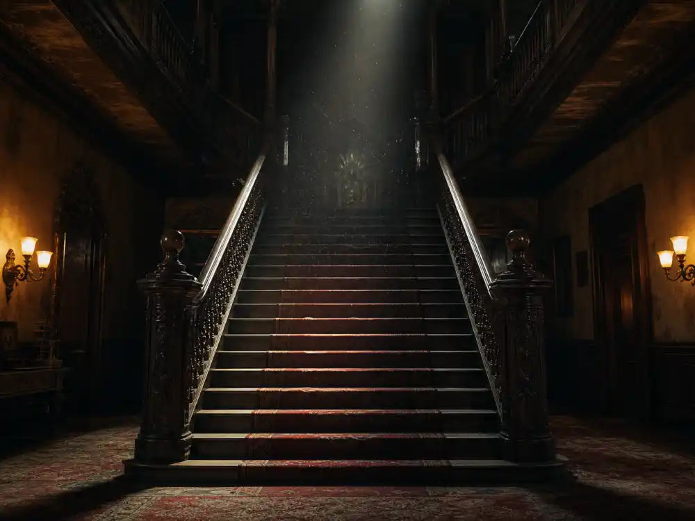 Empty grand staircase with red carpet in celebrity haunted houses