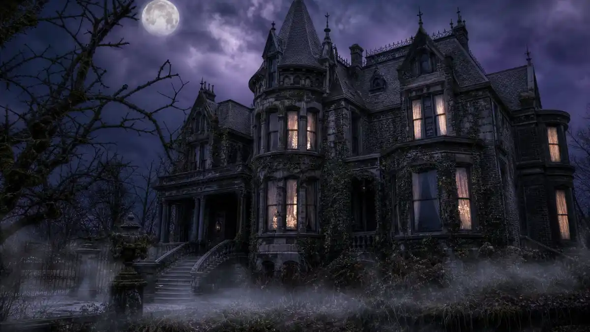 Atmospheric gothic Hollywood mansion at twilight under full moon representing celebrity haunted houses