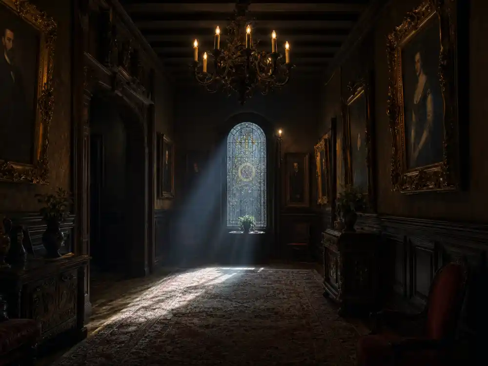 Dark Spanish-style hallway with antique chandelier in celebrity haunted houses