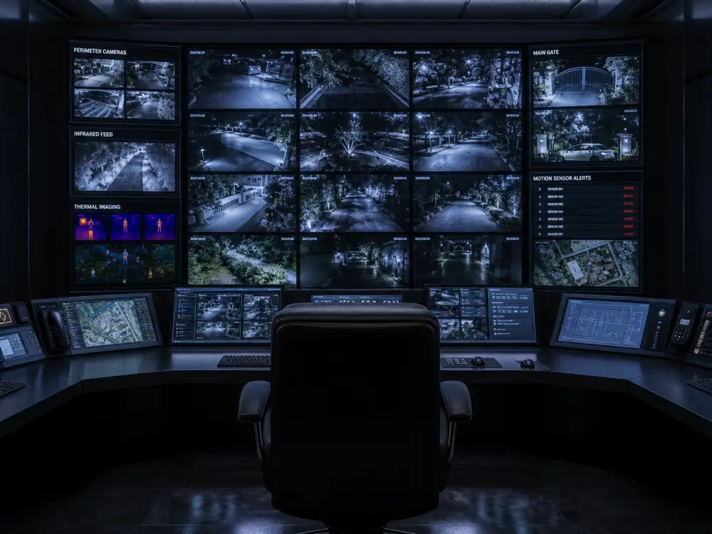 Celebrity panic rooms with CCTV monitor bank, security control desk, and live camera feeds of the property perimeter