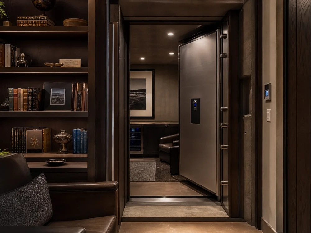 Celebrity panic rooms hidden behind a swinging bookcase entrance in a wood-paneled study — the classic concealed access