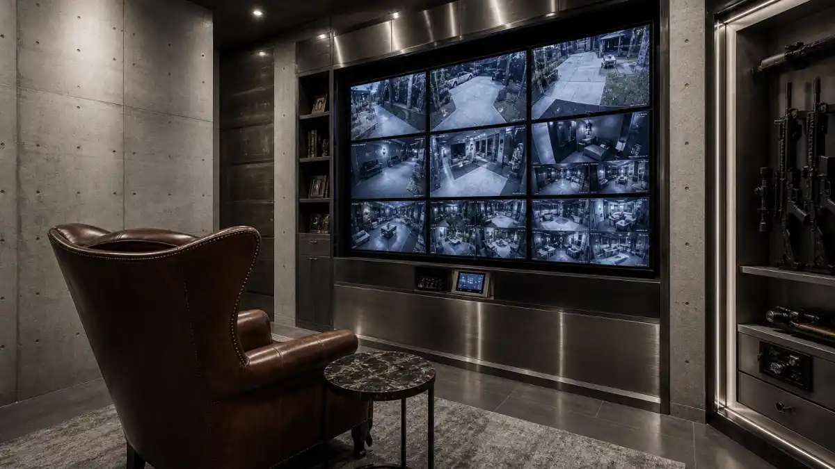 Celebrity panic rooms — ultra-secure private steel-walled safe room with monitor bank and dramatic security lighting
