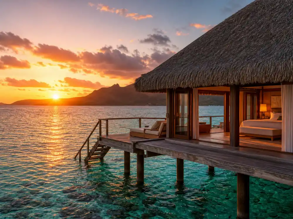 Overwater bungalow at celebrity private islands with thatched roof and turquoise lagoon