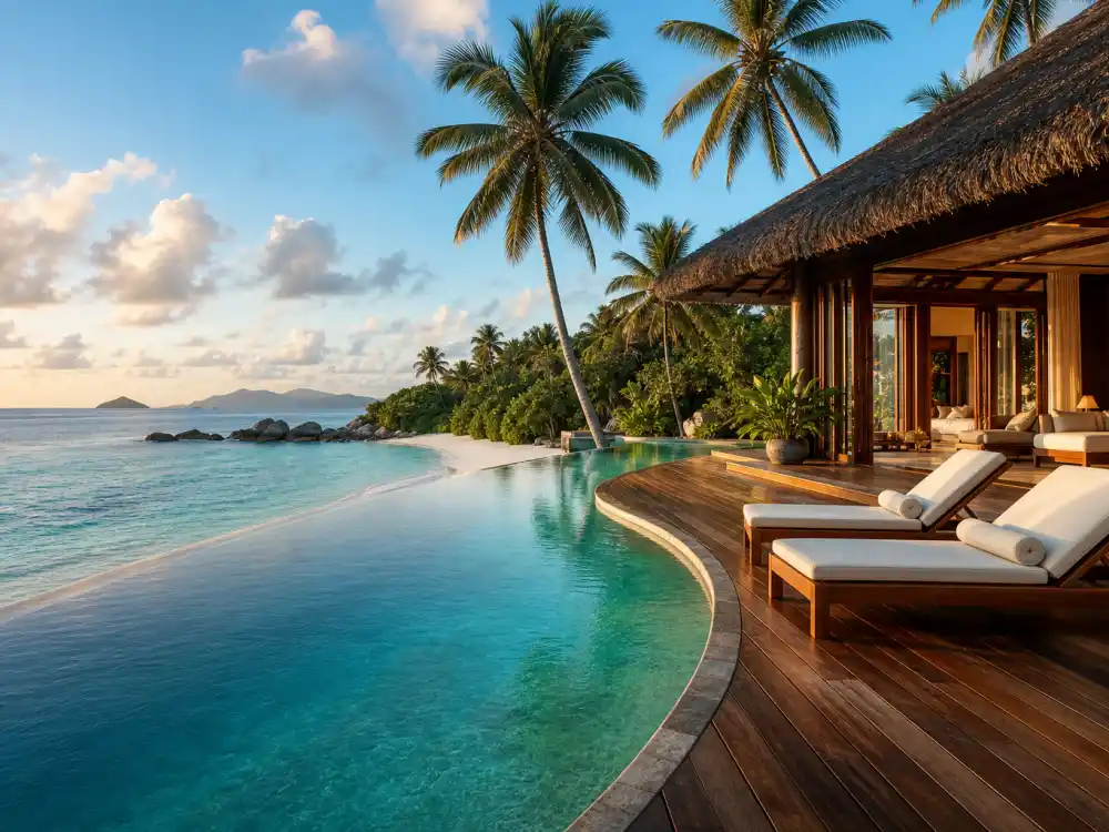Luxury villa on celebrity private islands with palm trees and white sand beach