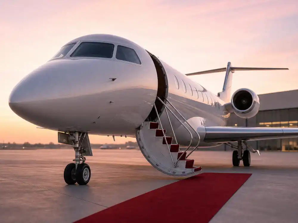 Celebrity private jets with airstairs deployed and red carpet at sunrise