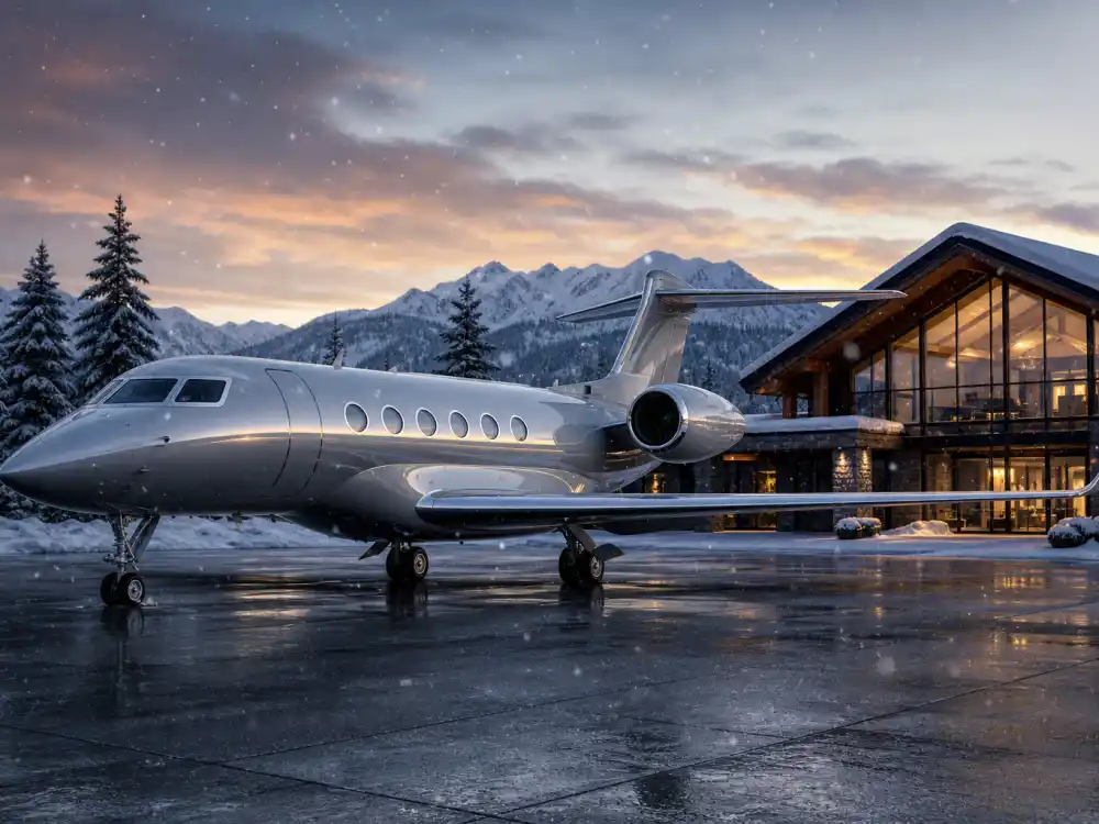 Celebrity private jets parked at a snowy mountain FBO terminal in Aspen
