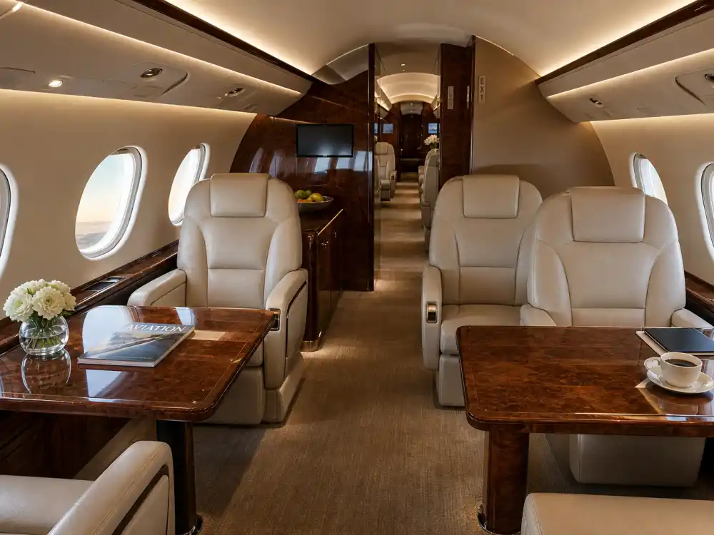 Cream leather cabin interior of celebrity private jets with walnut tables