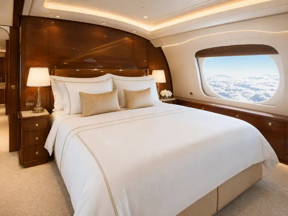 Master bedroom suite inside celebrity private jets with king bed and oval window