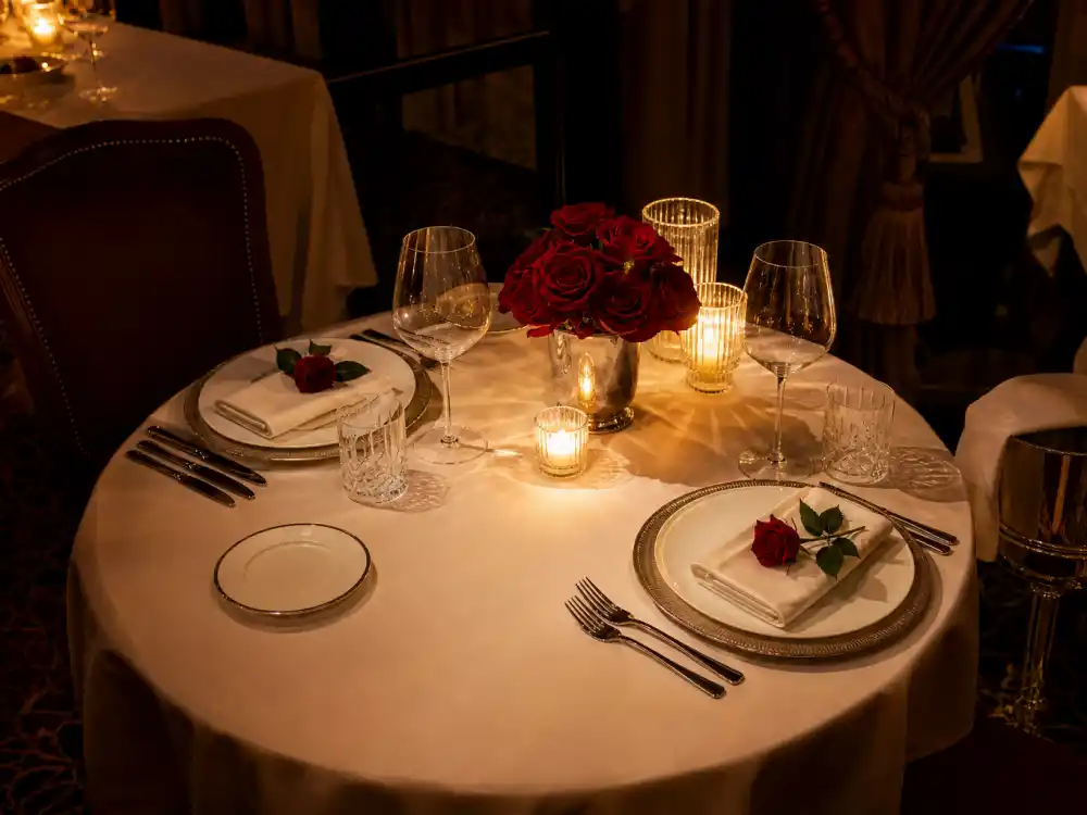 Luxury candlelit dinner table set for two at an upscale restaurant popular with celebrity couples