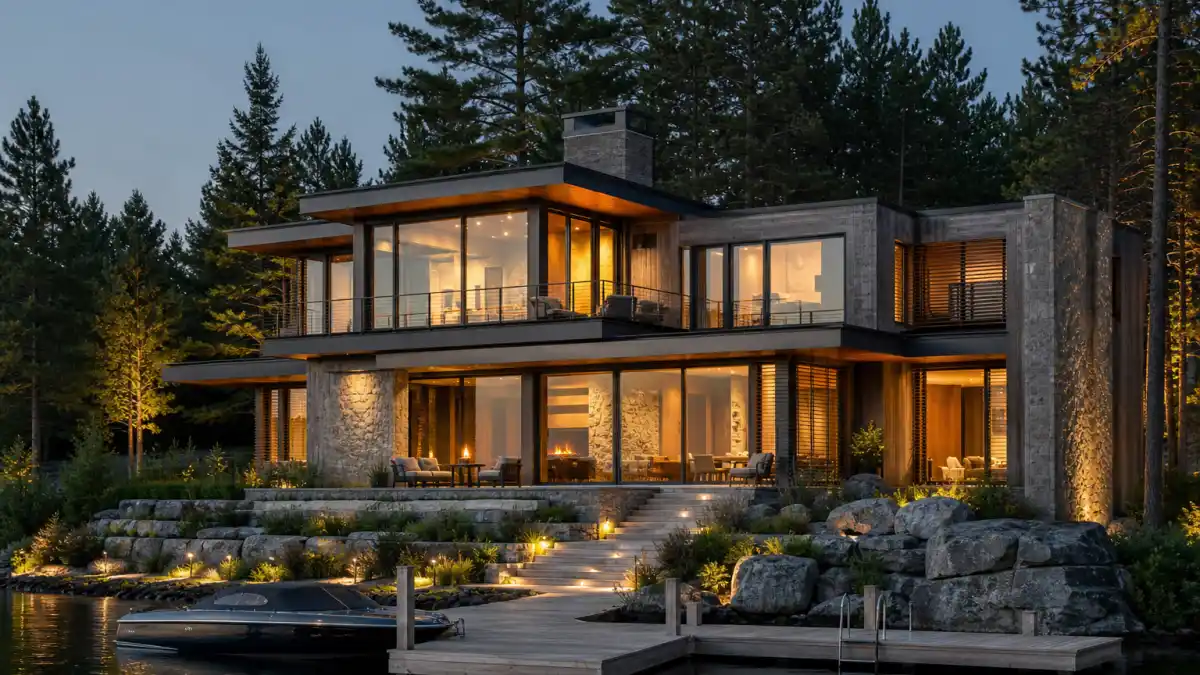 Modern lakefront celebrity vacation homes with floor-to-ceiling glass walls and private dock at dusk
