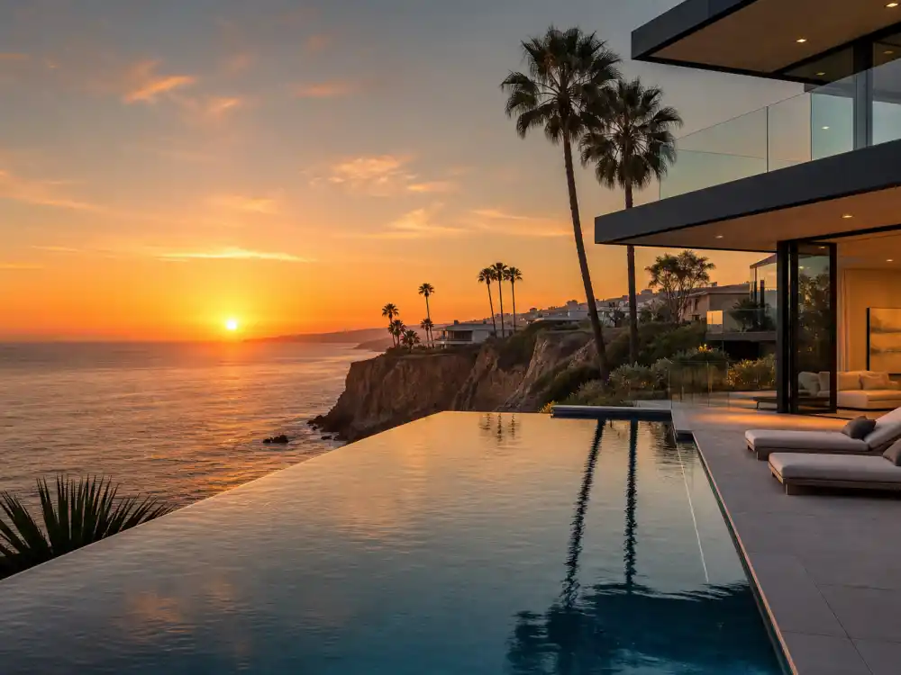 Malibu beachfront celebrity vacation homes with infinity pool overlooking Pacific Ocean
