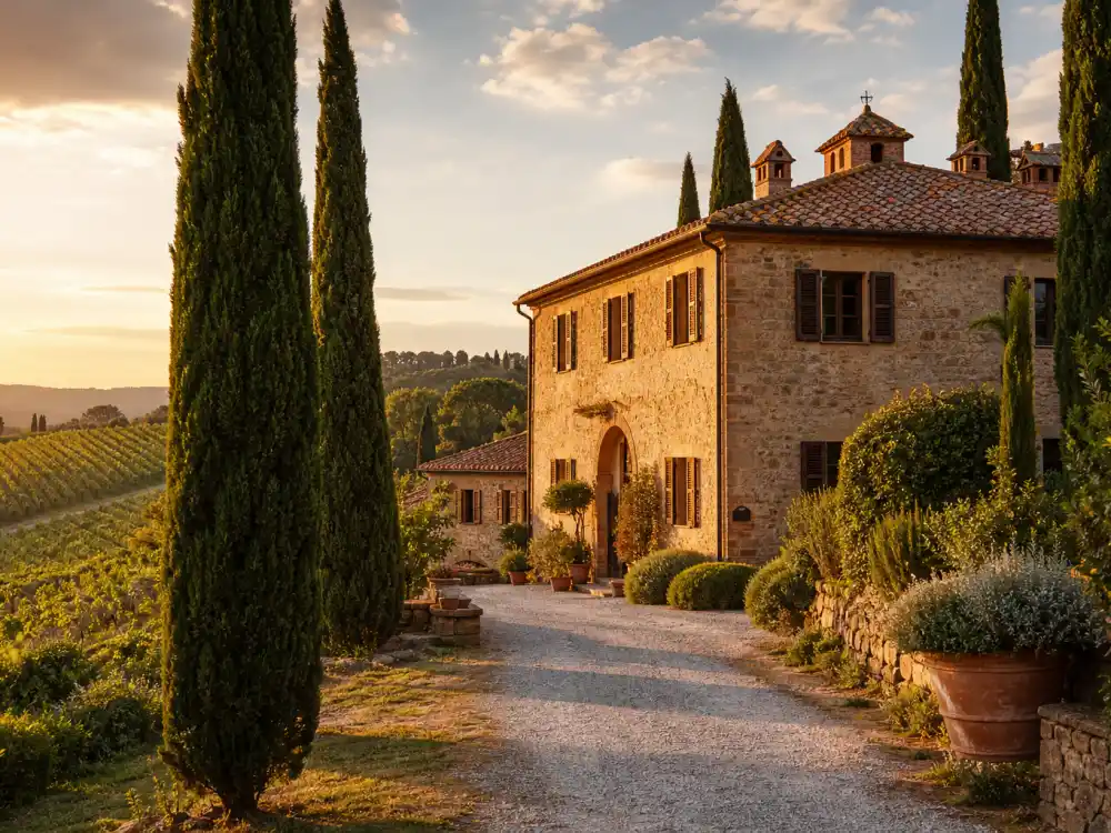 Tuscan stone villa celebrity vacation homes with cypress trees and terracotta roof