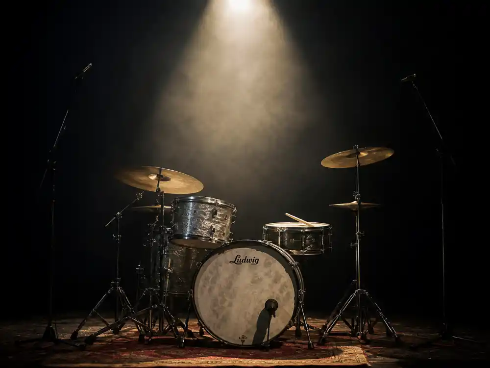 Charlie Watts drumming legacy tribute with vintage drum kit under spotlight