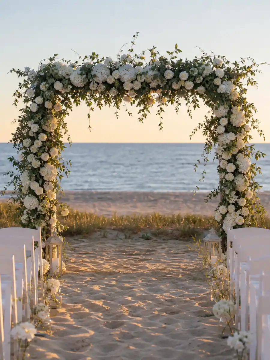 Wedding ceremony setup on Cape Cod beach for Chris Evans and Alba Baptista marriage story
