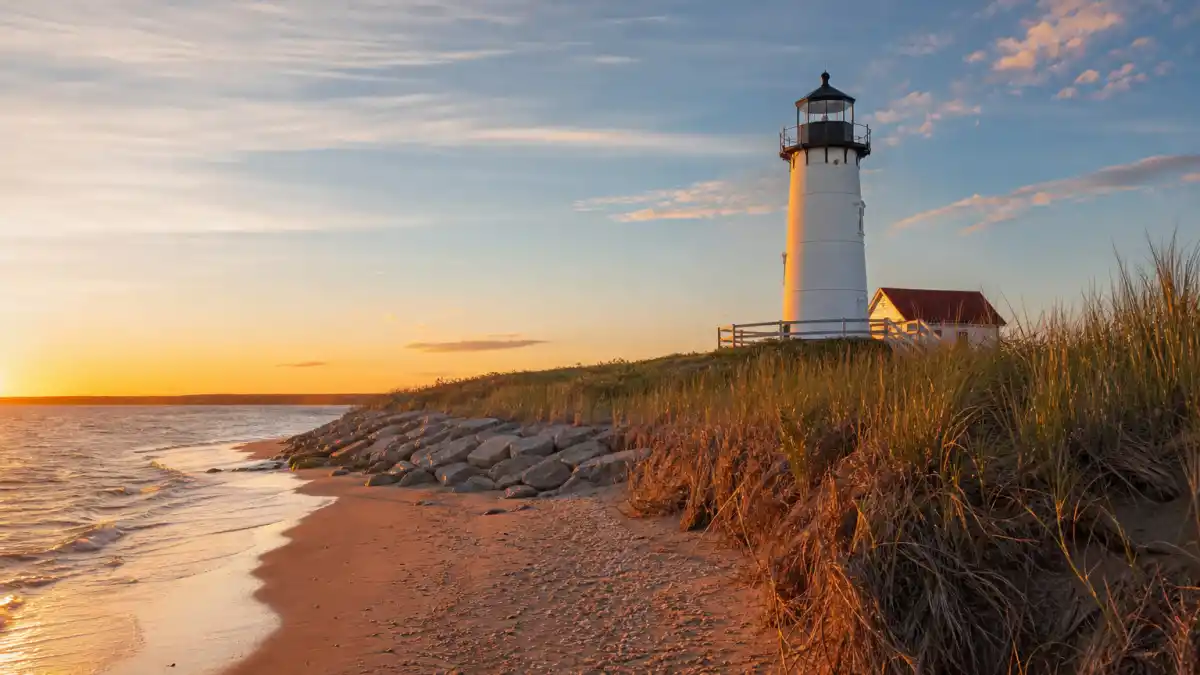 Cape Cod lighthouse at sunset where Chris Evans married Alba Baptista in 2026
