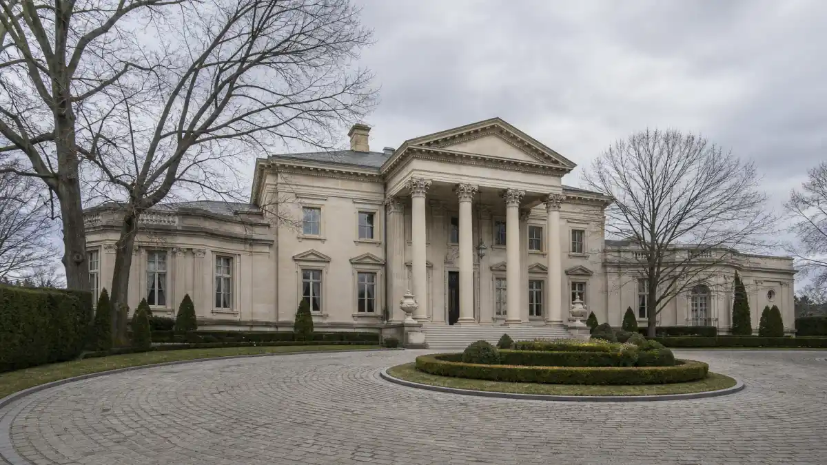 Limestone exterior of the Drake mansion known as The Embassy in Toronto Bridle Path