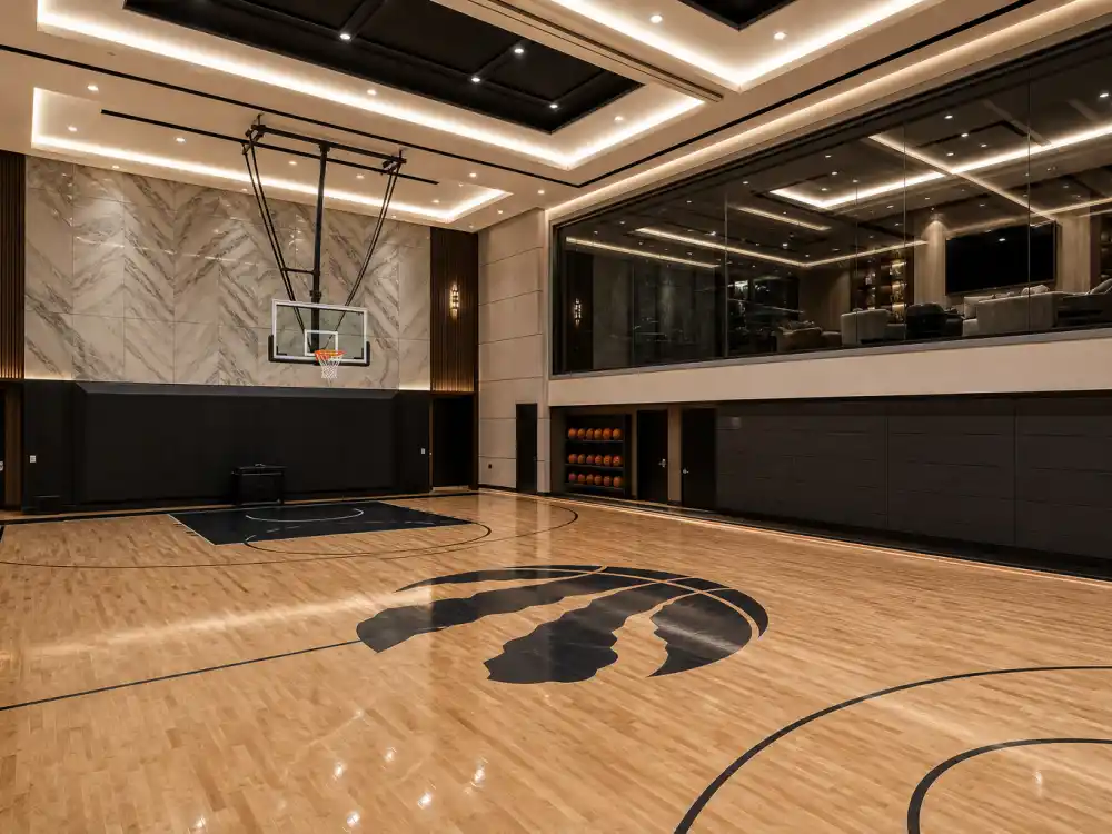 Full-size indoor NBA basketball court inside the Bridle Path mansion where Drake lives
