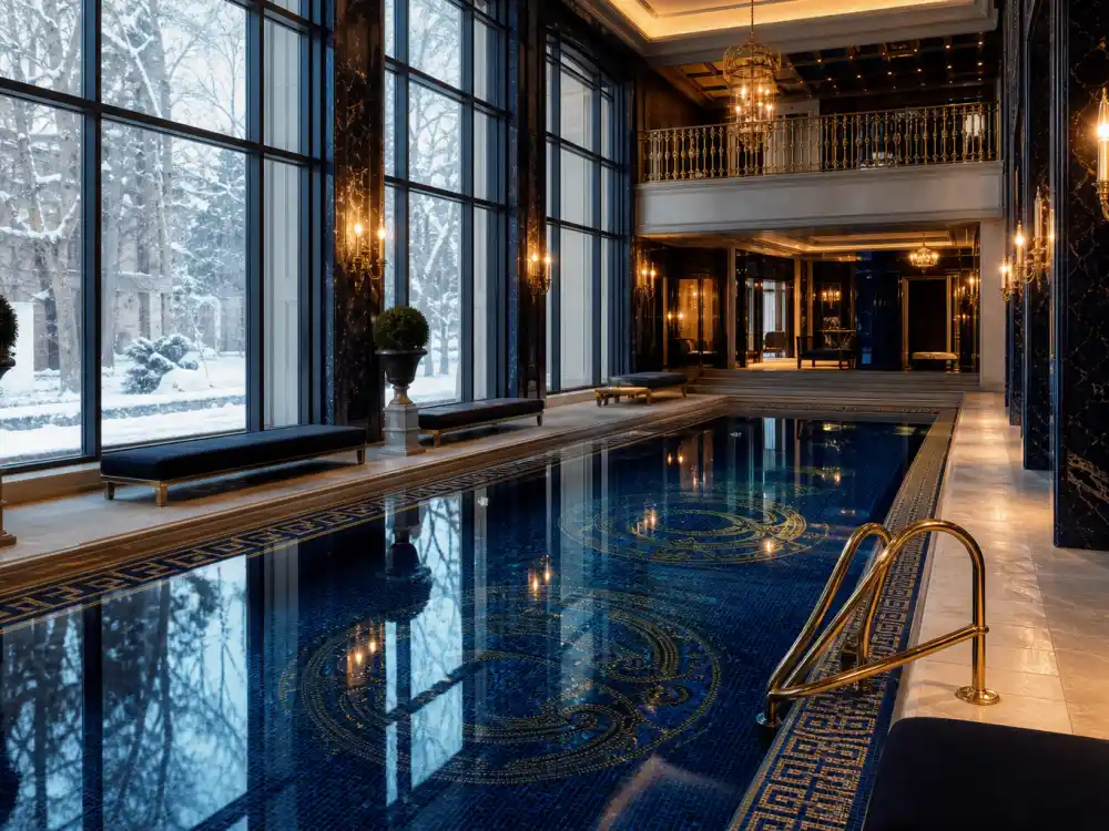 Vaulted indoor swimming pool with skylights inside the Bridle Path estate where Drake lives in Toronto