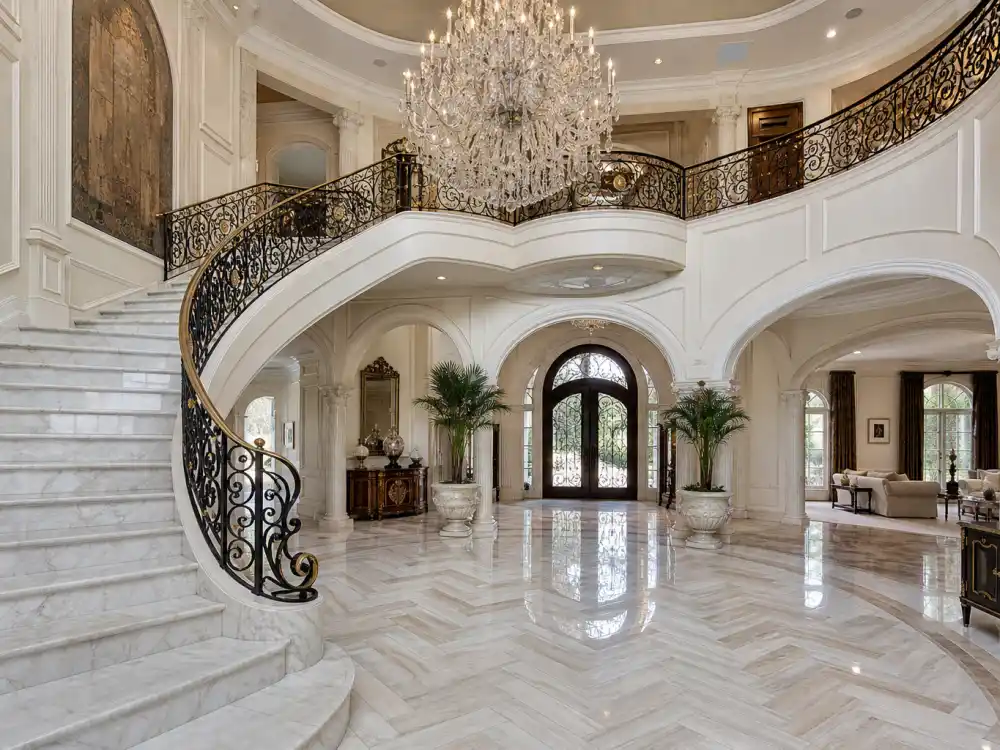 Two-story marble foyer with grand chandelier inside the Toronto mansion where Drake lives