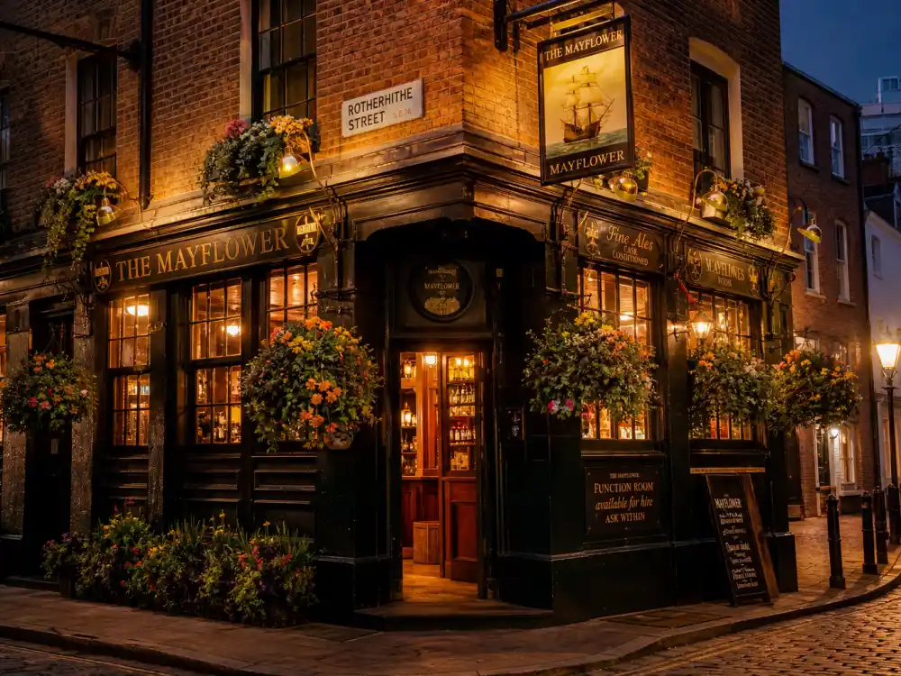 A cozy London pub exterior on a charming evening similar to where Dua Lipa Callum Turner were first seen dating