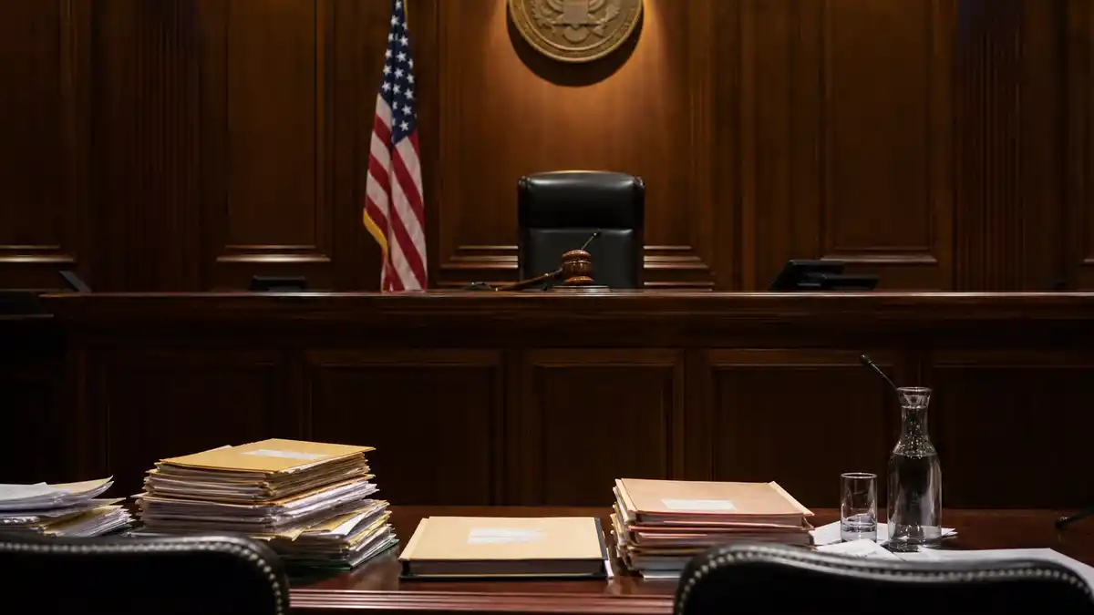 Federal courtroom with legal documents representing the Dua Lipa sues Samsung copyright lawsuit