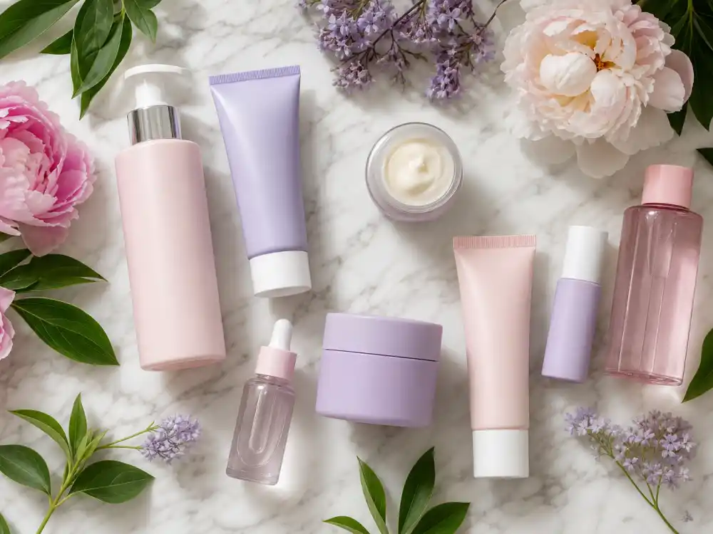 Beauty brand skincare products on marble counter representing Florence by Mills by Millie Bobby Brown