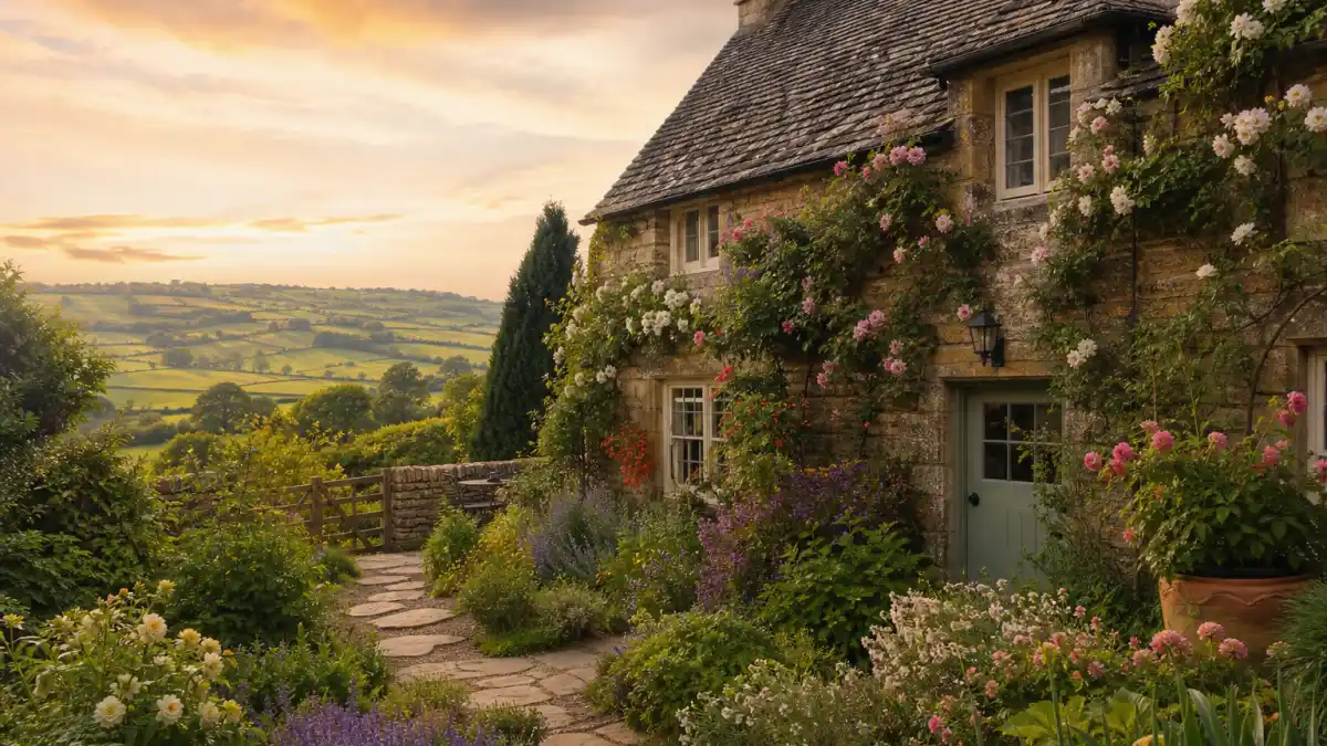 A charming British countryside cottage with a blooming garden where Florence Pugh dating 2026 rumors began