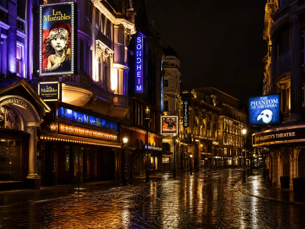 The illuminated London West End theater district at night where Florence Pugh and Finn Cole have been spotted