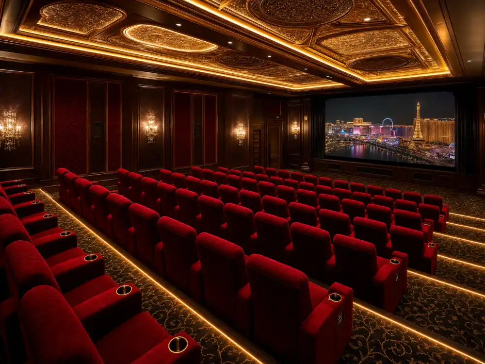 Floyd Mayweather's 50-seat home theater in Las Vegas with gold leaf coffered ceiling and red velvet recliners — the largest celebrity home theater