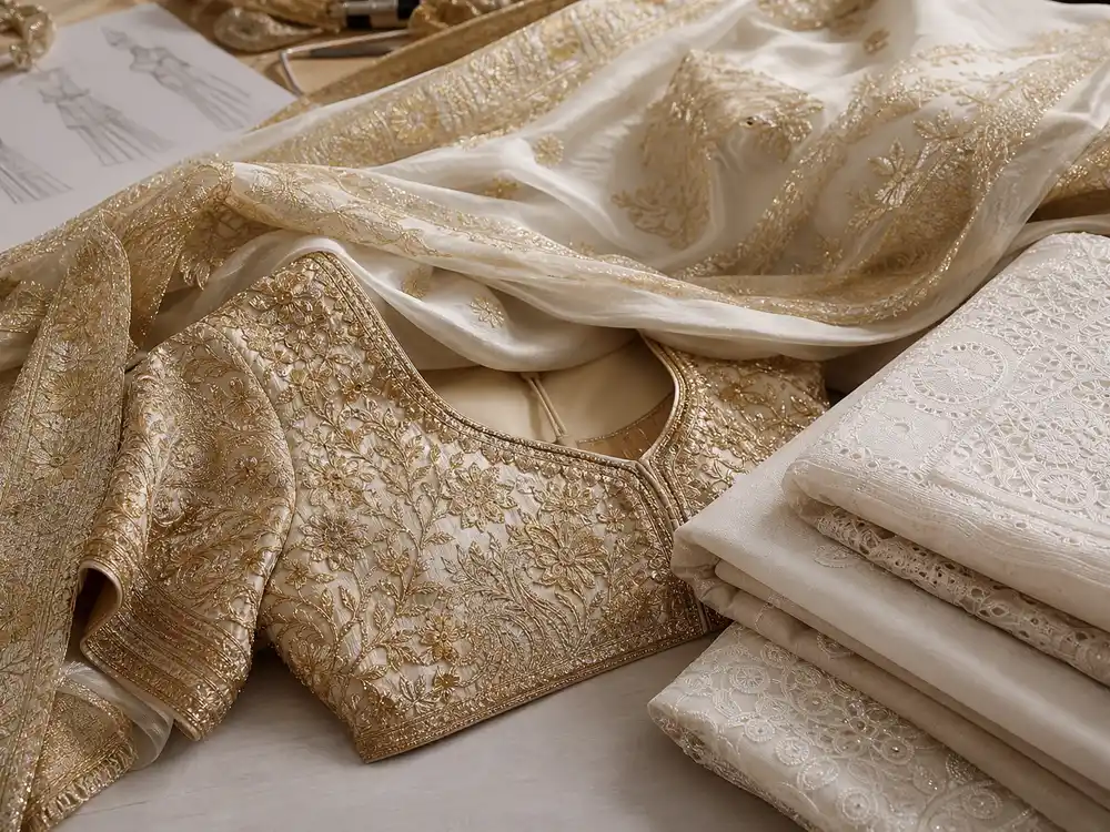 Gold saree fabric detail for Urvashi Rautela Cannes 2026 fashion row analysis.