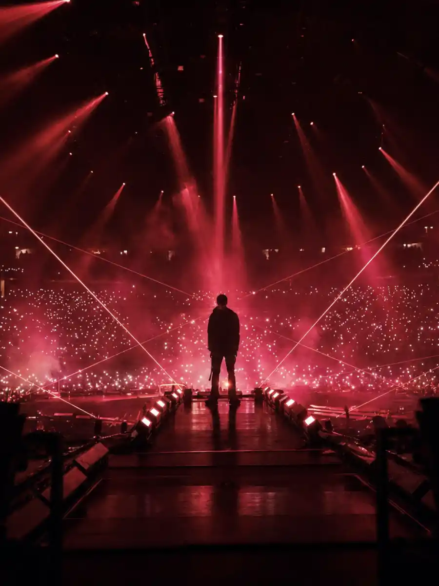 Stadium concert stage silhouette representing Harry Styles dating history from pop stardom to engagement