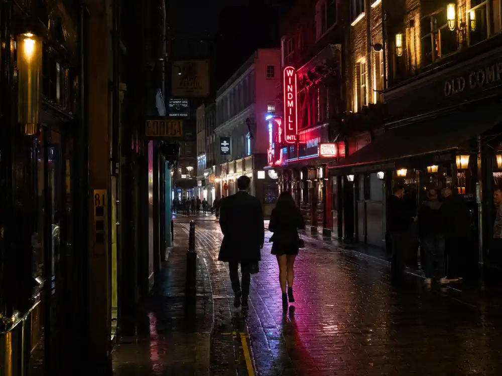 London Soho street scene at night where Harry Styles and Zoe Kravitz enjoyed private date nights