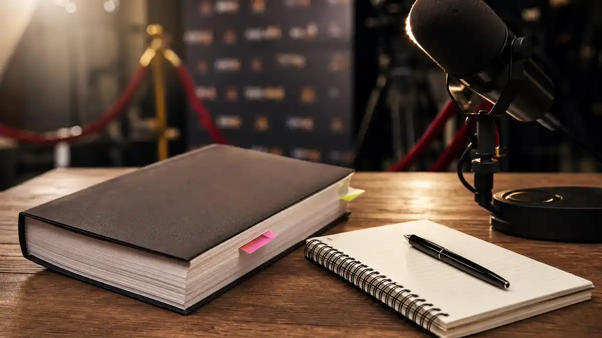 Hayden Panettiere memoir coverage represented by a manuscript and podcast microphone in soft studio light.