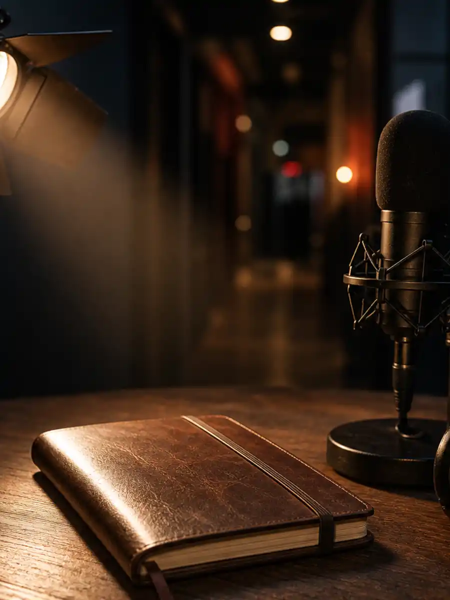 Hayden Panettiere memoir poster with a studio spotlight, closed journal, and microphone.